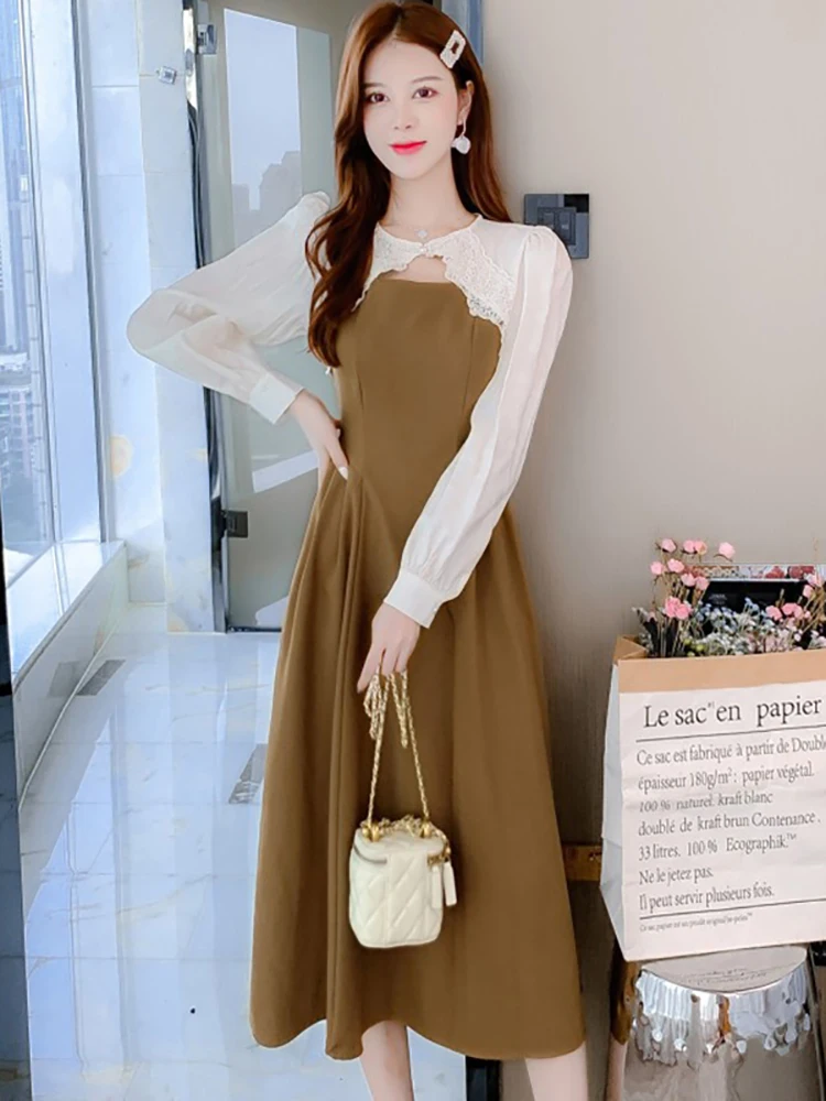 

Autumn Winter Fashion Patchwork Fake Two Piece Midi Dress Women Chic Lace Hollow Out Casual Dress 2023 Korean Elegant Prom Dres