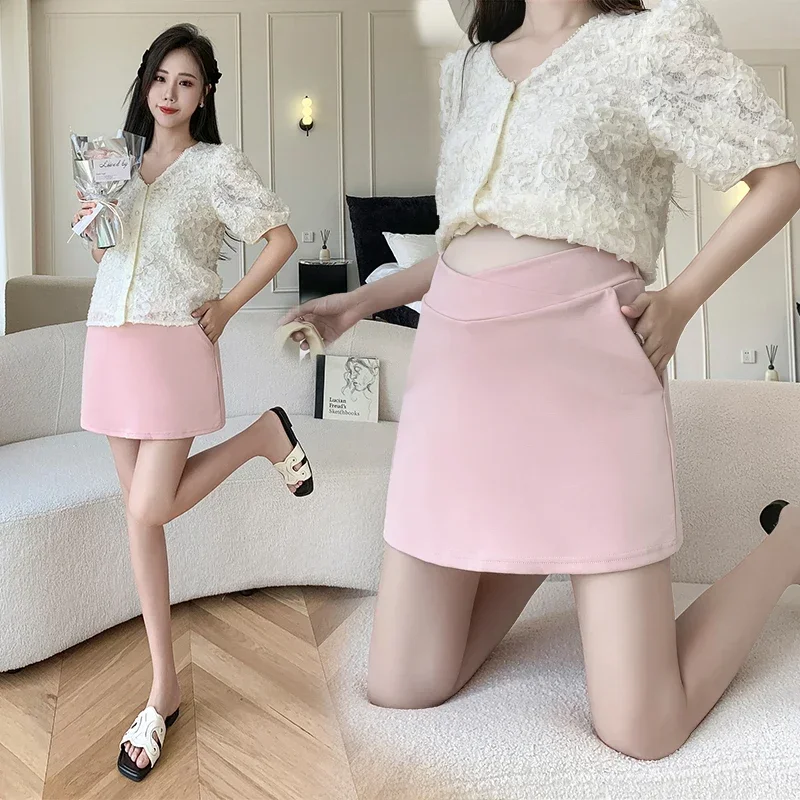 Korean Style Summer Maternity Pencil Skirt with Shorts Lining Thin Low Waist Office Lady A-line Mini Skirts Pregnant Woman Skort