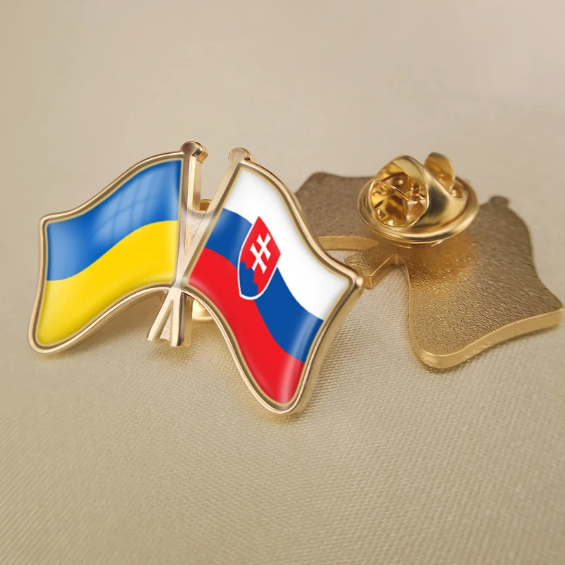 

Ukraine and Slovakia Slovak Republic Crossed Double Friendship Flags Lapel Pins Brooch Badges