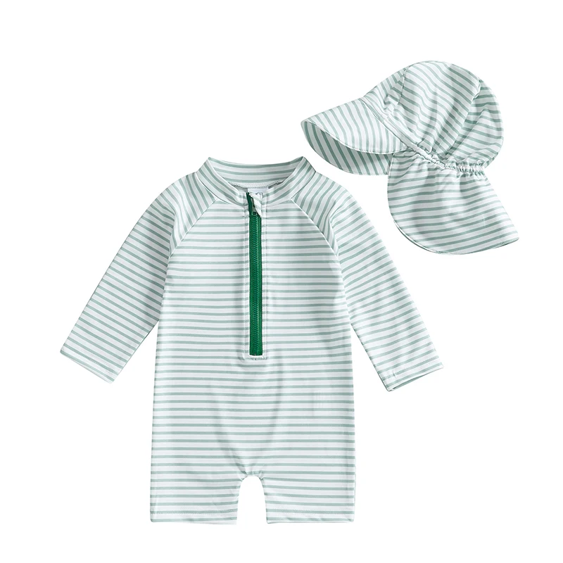 0-3T Toddler Boys Girls Rash Guard Swimsuit with Hat 2 Pcs Set Striped Pattern Zip Up Long Sleeve Crew Neck Baby Swimwears
