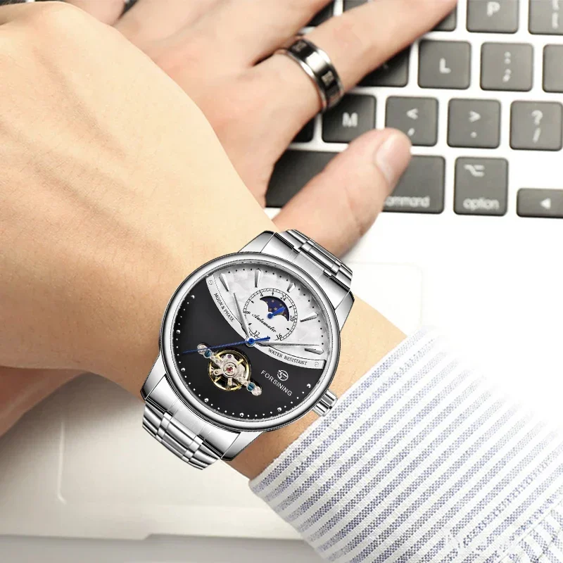 FORSINING Business Herren Automatikuhr Uhr Mondphase Tourbillon Wasserdicht Mechanische Stahlband Armbanduhr Relogio_voghion.com