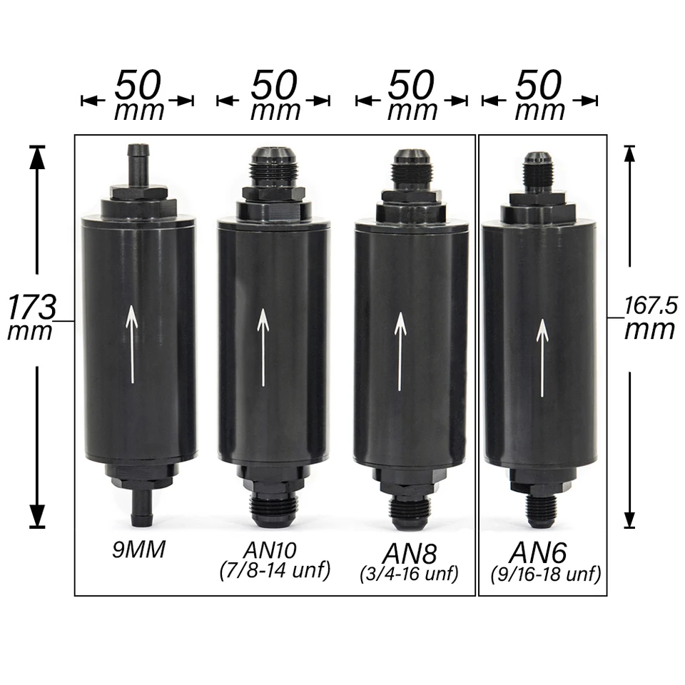 Filtro De Combustible En Línea De Alto Flujo 100 Micras Para Conexiones 6AN/8AN/10AN - Aluminio Anodizado Negro