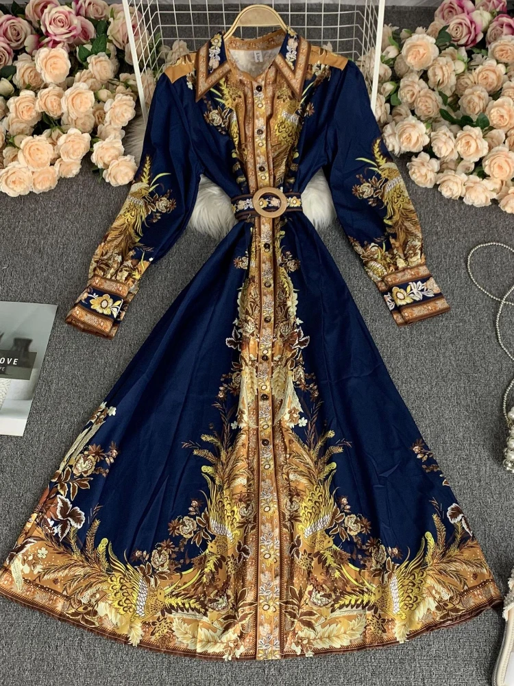 

Женское винтажное платье-трапеция, элегантное этническое платье с высокой талией, воротником-поло и длинным рукавом, платье для отпуска с принтом, весна-осень