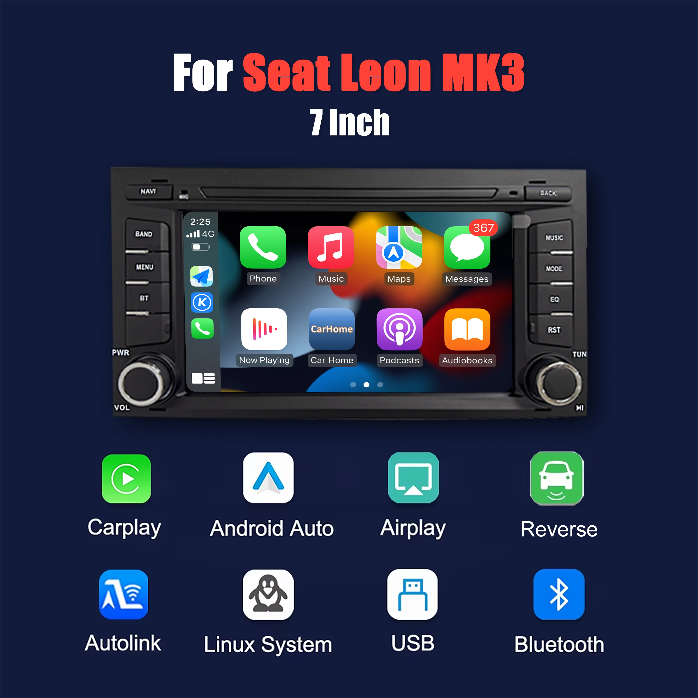 Para Seat Leon MK3 2012-2020, pantalla Multimedia Linux de 7 pulgadas, CarPlay inalámbrico, Android, Bluetooth, GPS, Navi, DSP, cámara trasera, Radio para coche 2