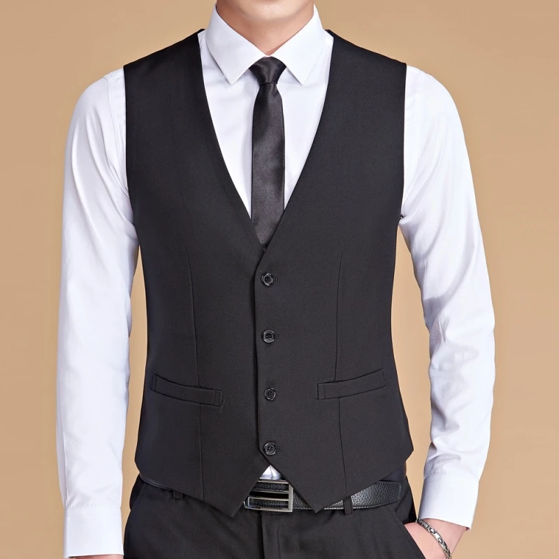 Men Vest White V Neck Solid Single Button Slim Business Formal Waistcoat Tweed Sleeveless Men Suit Vest 6