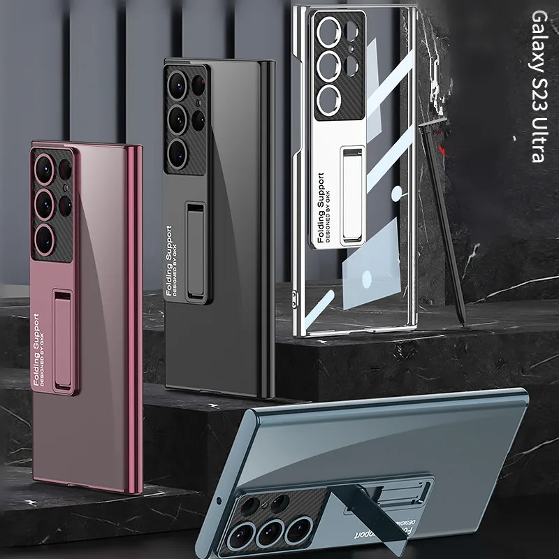 

GKK Kickstand Bracket Glossy Transparent Hard PC Plastic Case For Samsung Galaxy S23 Ultra Holder Fine Camera Holes Back Cover