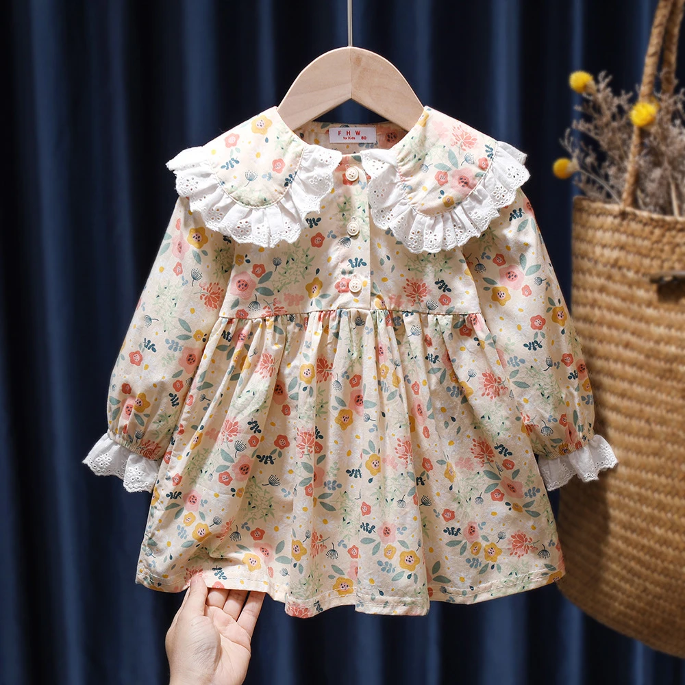 

Spring Fall Children Dress Long Sleeved Baby Kindergarten Shirt Doll Collar Top Princess Skirt Girl Floral Skirt Infant Clothes