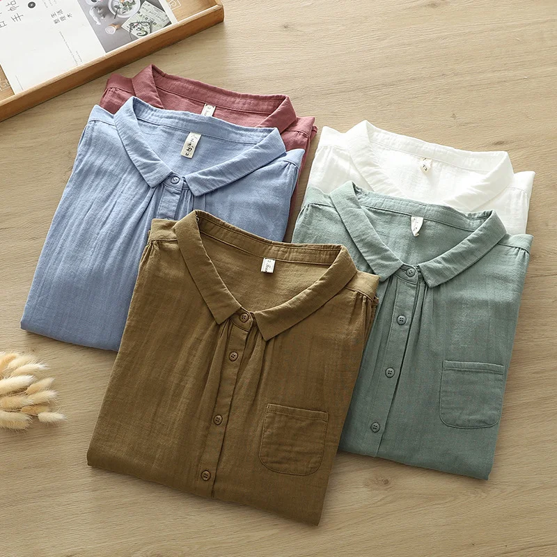 

Big size blouse 2024 women's tops 100% cotton yarn three quarter sleeve solid shirts and blouses middle age women clothing