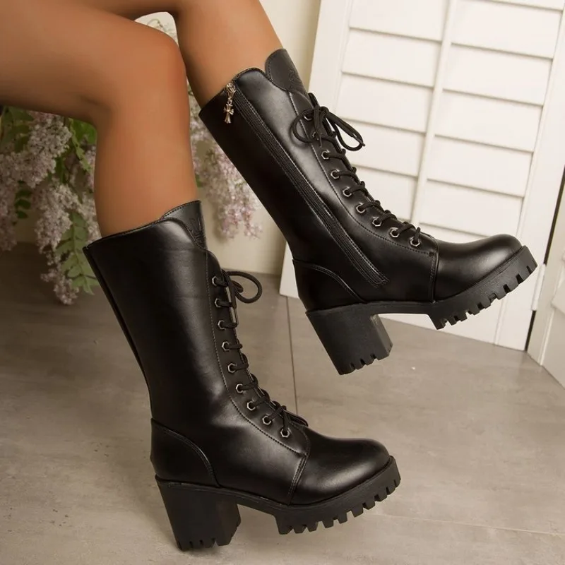 Platform Block Heel Booties Fall Winter New Round Toe Strappy Side Zipper Soft Sole Non-Slip Heels