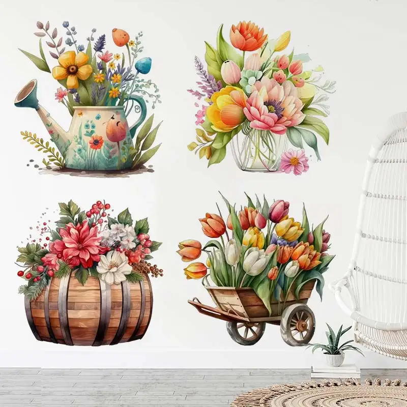 Flower Watercolor Art Wall Sticker Decor Bathroom Toilet Living Room Cabinet Refrigerator Home Decals S42
