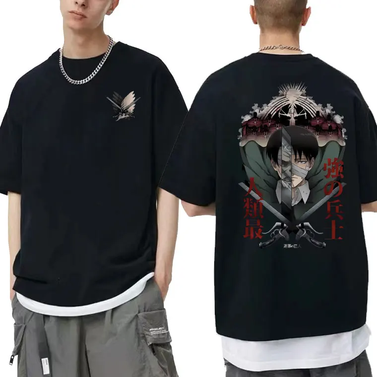 

Japanese Anime Attack on Titan Levi Ackerma Double Sided Print T-shirt Men 90s Manga Cartoon Vintage T Shirt Male Hip Hop Tshirt