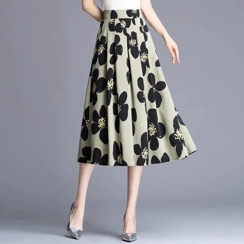 Summer New Fashion Simple Elegant High Waist Chiffon Wide Leg Pants Women Print Pockets Loose Casual Straight Thin Floral Skirts
