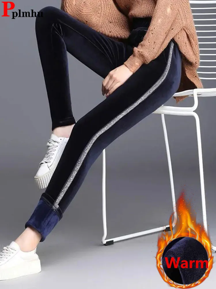 

Velvet Side Striped Plush Leggins Pants Winter New Thick Slim High Waist Leggings Pantalones Velveteen Lined Warm Legginsy Broek