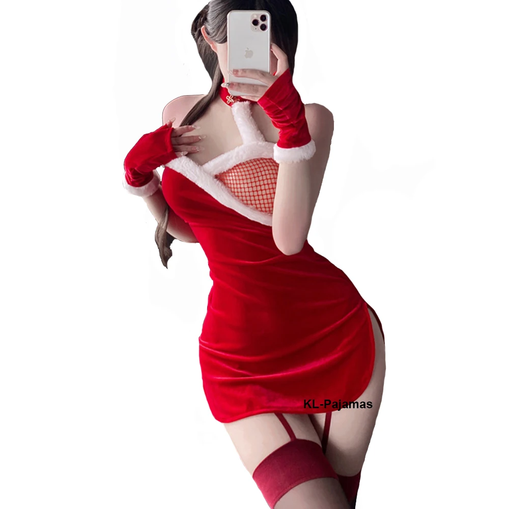 

Christmas Red Velvet Dress Erotic Sexy Lingerie Side Split Mini Cheongsam With Stockings Set Chinese Traditional Qipao Dress