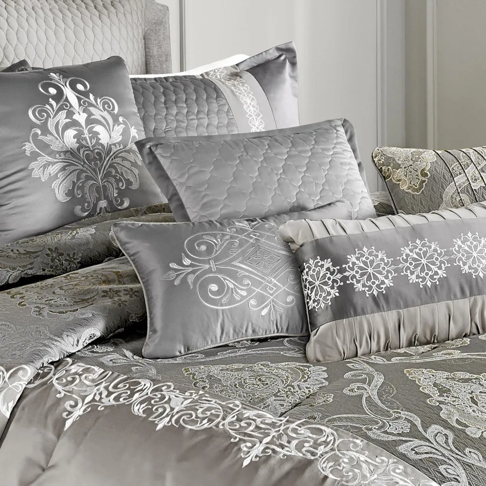 Luxurious Riverbrook Home Comforter Ensemble, King Size, Kacee Platinum, 12-Piece Bedding Set