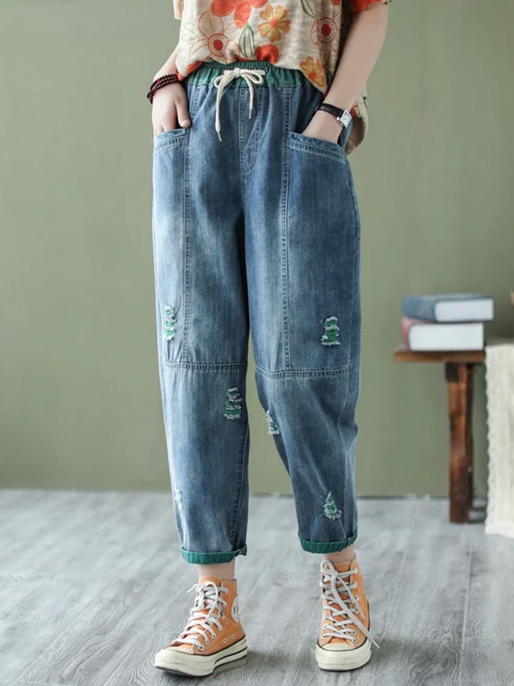 

Streetwear Ripped Hole Harem Jeans Women's Baggy Ankle-length Denim Pants Design Casual Vaqueros Loose Lace Up Pantalones N257