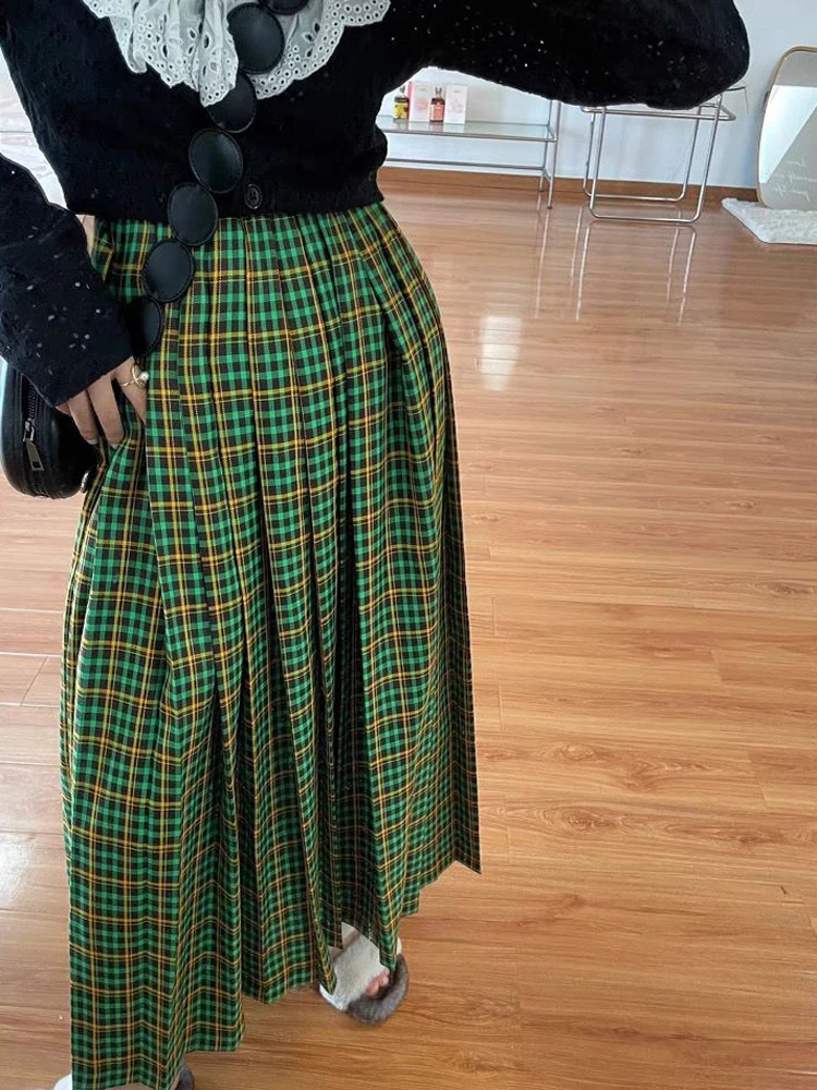 

7 Sizes Plaid Skirts Long Maxi Vintage A Line Skirts Women Autumn Winter Pleated Retro Skirts High Waist Jupe Femme Y2K Faldas