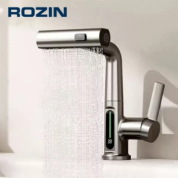 Display digitale Rubinetto per lavabo da bagno Estraibile Ugello a 3 vie Spruzzatore a flusso di pioggia Gru di sollevamento Miscelatore acqua calda fredda 1