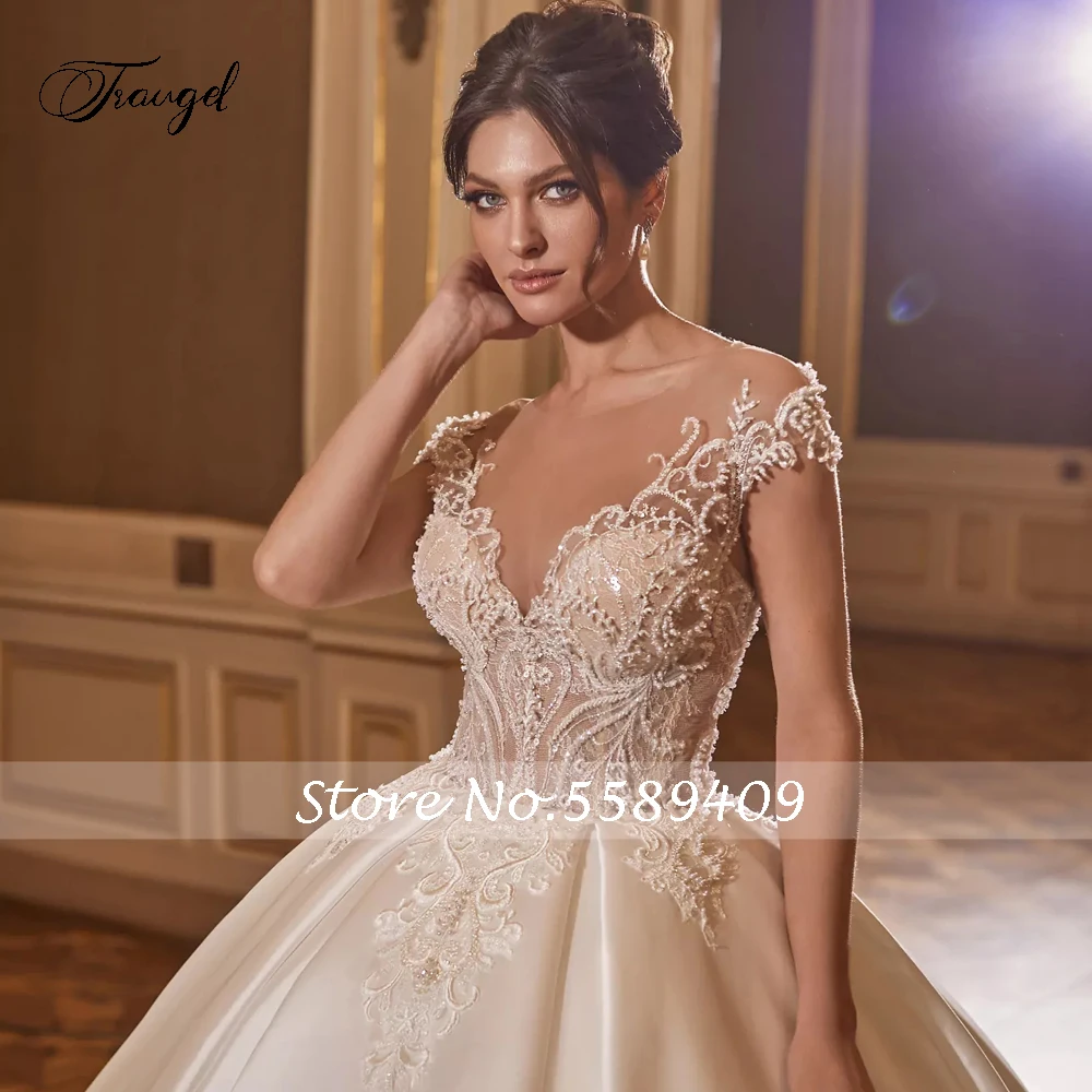 Customized Sexy Illusion Matte Satin Vintage Ball Gown Wedding Dresses Exquisite Appliques Beaded Court Train Bridal Gown 3