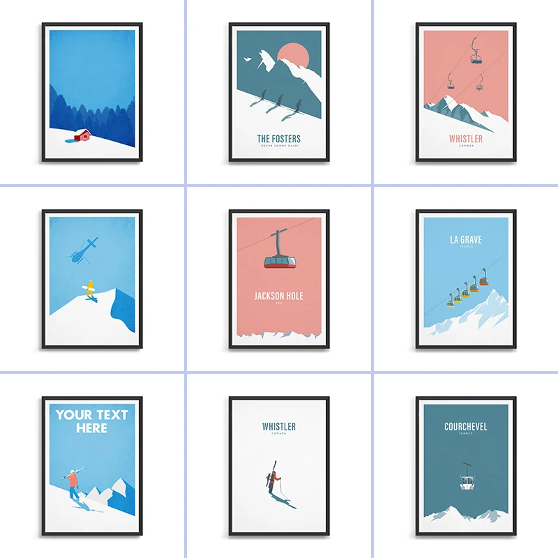 Sci E Snowboard Stampe Poster Snow Mountain Cable Car Ski Ski Canvas Printing Decorazione Da Parete Hanging Painting Home Decoration