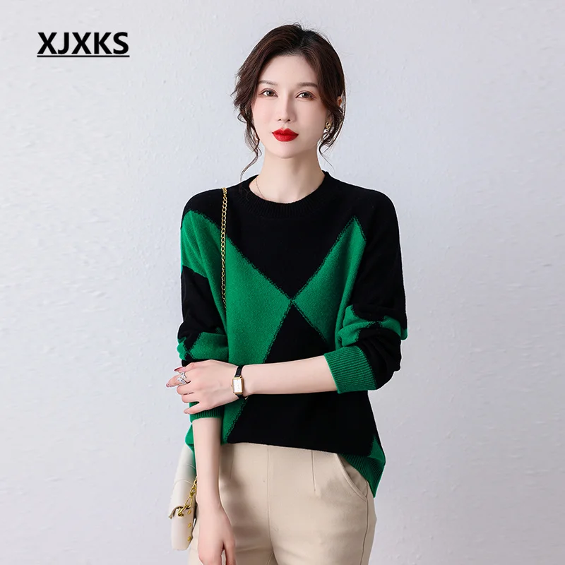 

XJXKS 2022 Autumn And Winter Latest High-end 100% Pure Wool Warm Comfortable Sweater Women's Pullover Loose Casual Knitted Top