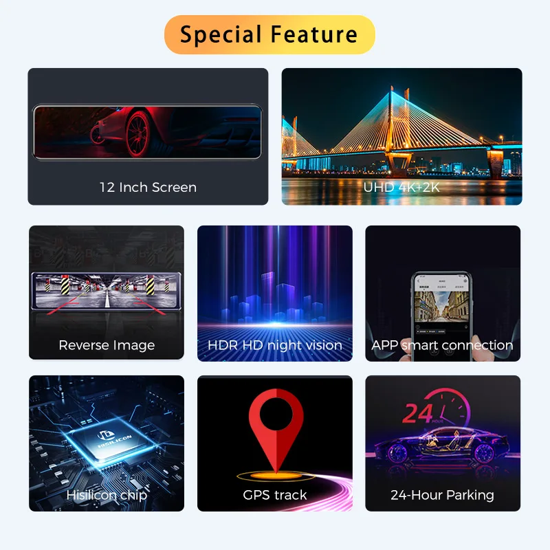 Car Dash Cam OBDPEAK H8 4K+2K 12 Inch Rear View Mirror Dash Camera 3840*2160P Car Dvr GPS WIFI Video Recording Super Night Vision Dual Lens car dash cam