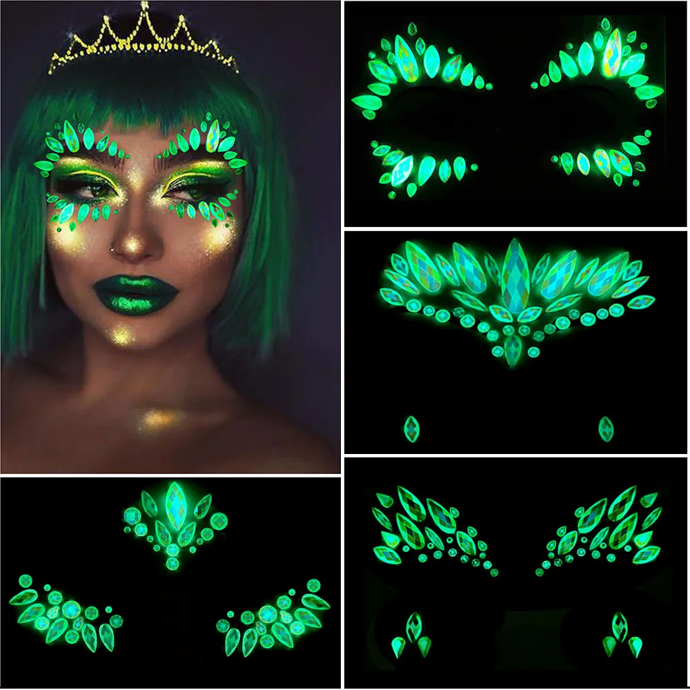 

Face Jewelry Glow Glitter Stickers Rhinestone Eyebrow Stickers Party Halloween Ghost Face Rhinestone Makeup Temporary Tattoos