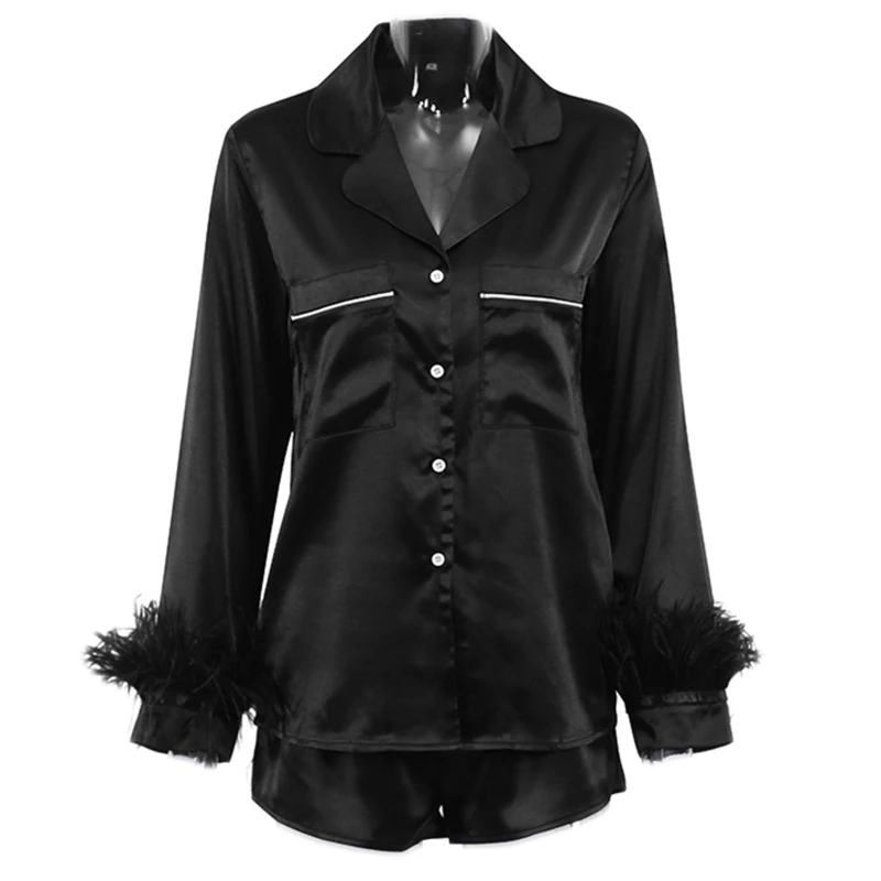 Women Elegant Solid Color Pajamas Set Lapel Tops Cuff Sexy Lingerie