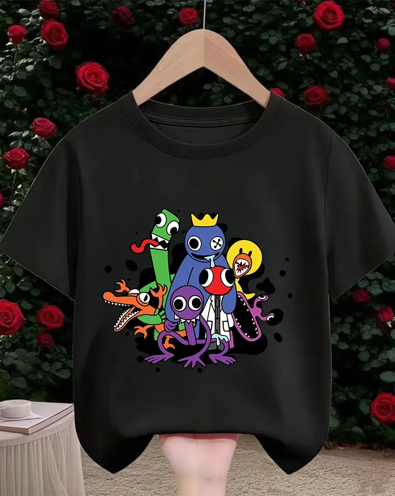 Rainbow friend cartoon pattern boy and girl summer cute round neck fashionable casual short sleeved top