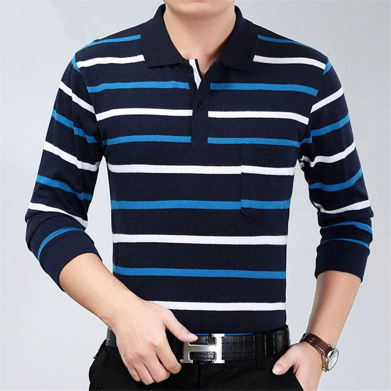 Spring Autumn Stripe Casual Fashion Polo Shirts Men Long Sleeve Loose Casual Tops All Match Pullover Korean Tees Male Clothes