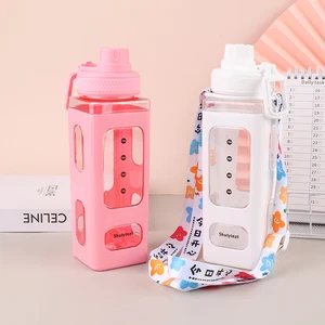 700ml Cute Square Shaker Water Bottle With Straw Sticker Cup Strap Plastic Tea Milk Portable Drink Bottle For Girl Gifts