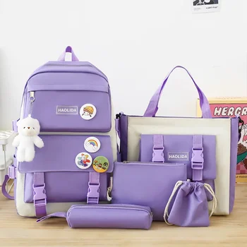 5PCS Kit Backpack Female Fashion Lady High Capacity Waterproof College Trendy Girls Laptop School Bags Cute Girl Travel Book Bag 1