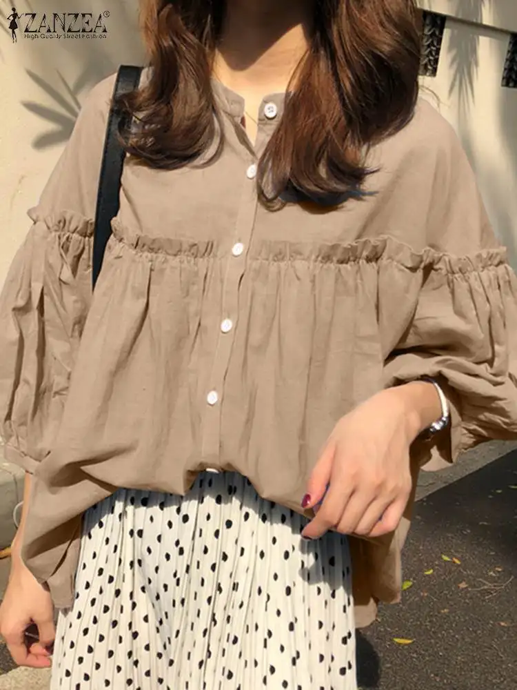 

ZANZEA Women Fashion O Neck Holiday Blouse 3/4 Sleeve Elegant Ruffles Work Shirt Autumn Blusas Casual Solid Holiday Tunic Tops