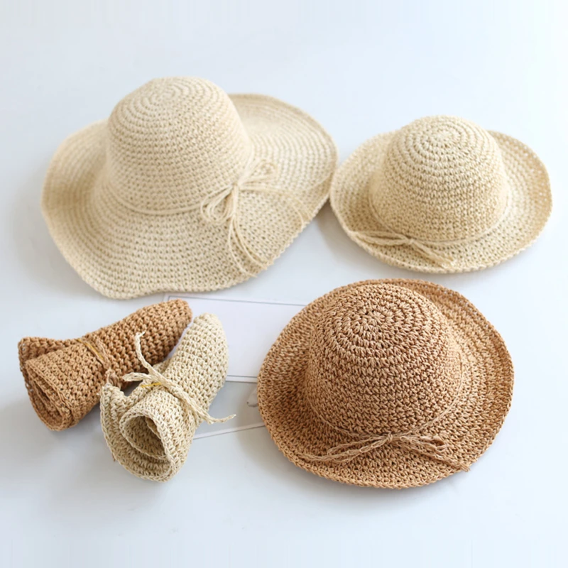 New Girls Hand Made Sun Hat Kids Summer Raffia Straw Hat Big Brim Beach Cap Foldable Breathable Summer Parent-child