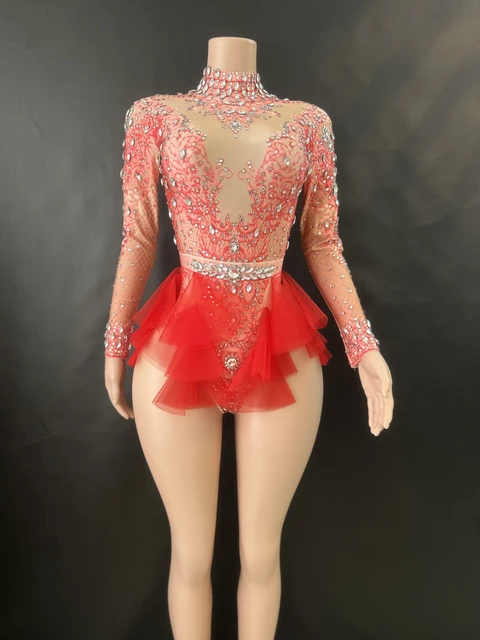 Sparkly Rhinestones Bodysuit Women ElasticPink Mesh Ruffles Crystal Leotard NightclubDancer Costume Stage Wear Party Outfit 7G 2
