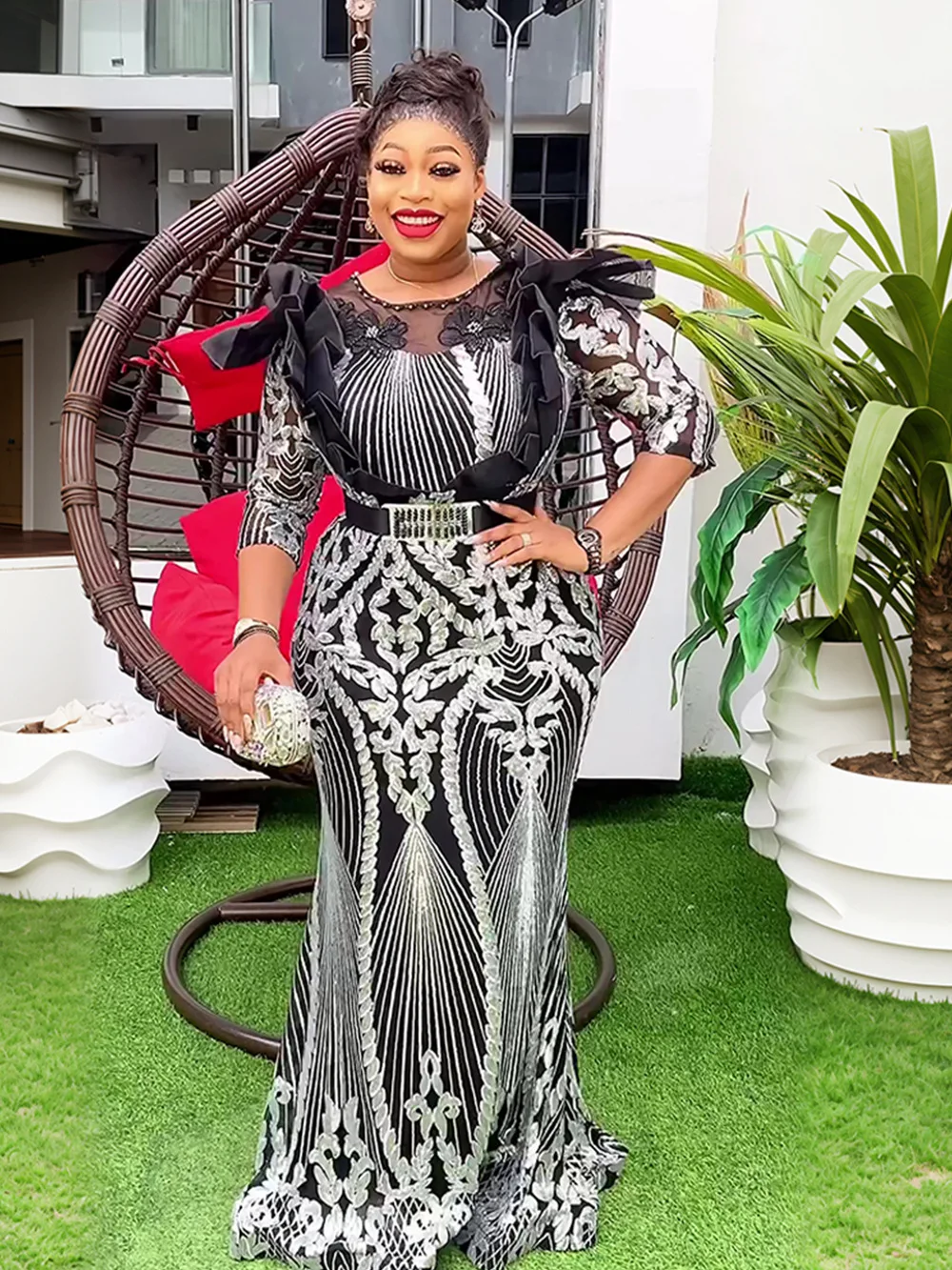 Plus Size African Party Dresses for Women Dashiki Ankara Sequin Wedding Evening Gown Sexy Bodycon Maxi Robe Africa Clothing 2023