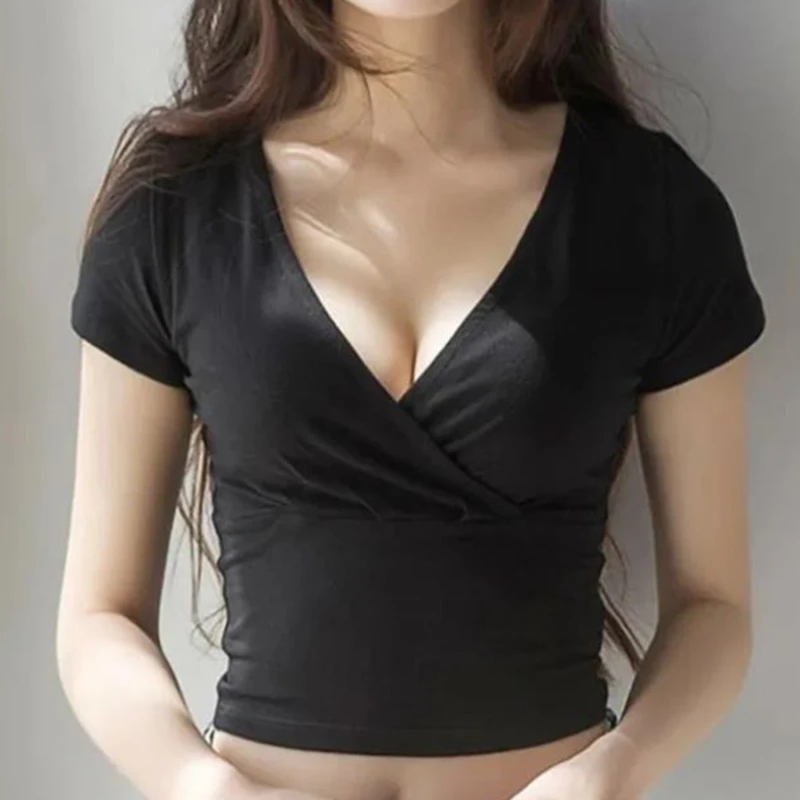

Ladies Casual Tees Top Summer Fashion Solid V Neck T Shirts Female Simple Basic T-Shirts Women Short Sleeve Sexy Crop Tops Tees