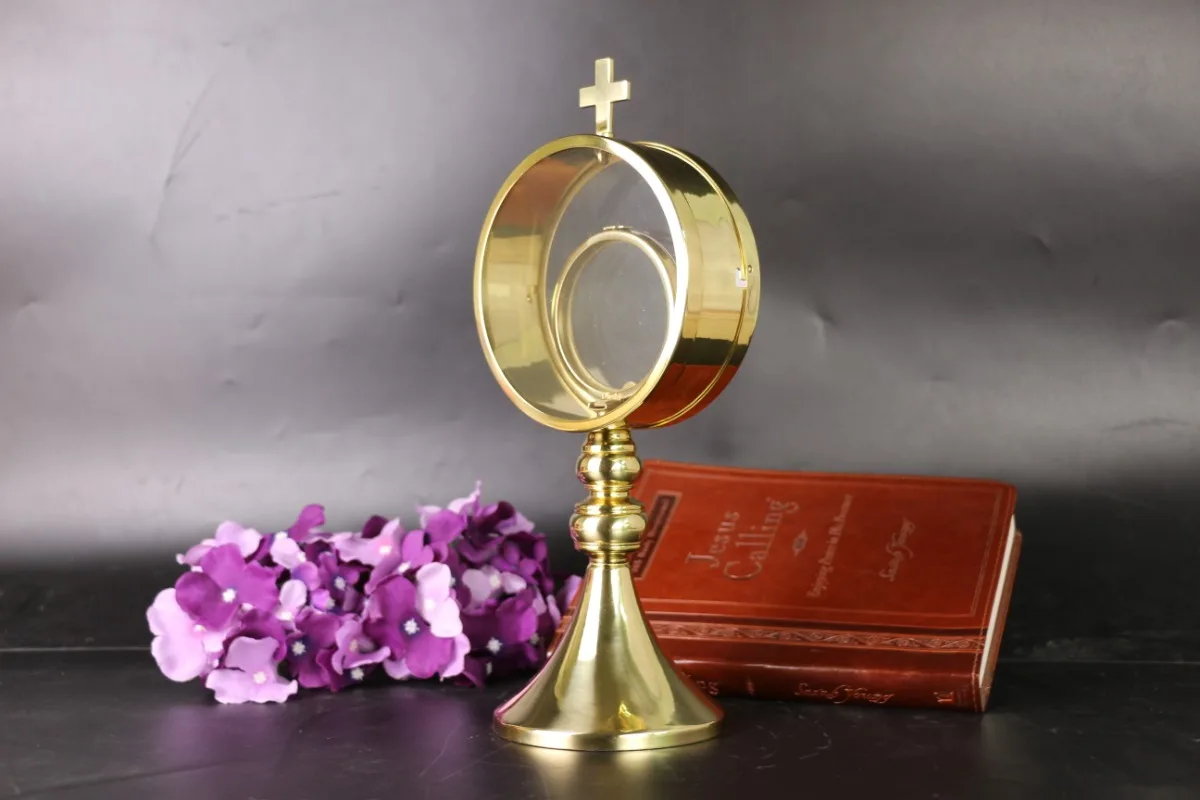 Christian Cross Monstrance with Circular Luna Brass, Highly Polished, Reliquary Host Container, Catholic Church, 12.2 Inch