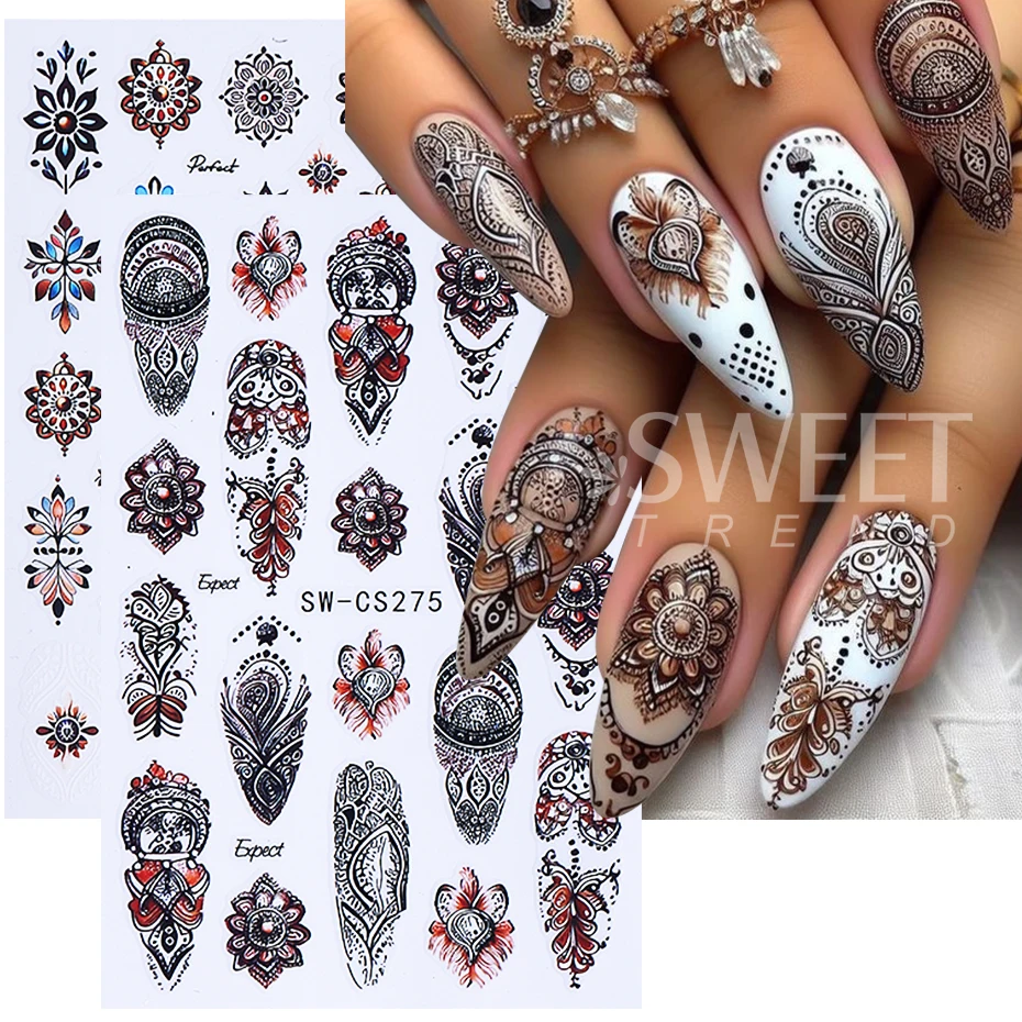2pcs Bohemian Nail Stickers Black Brown Retro Embroidery Boho Style Flower Design Adhesive Nail Decals DIY Manicure Slider Decor