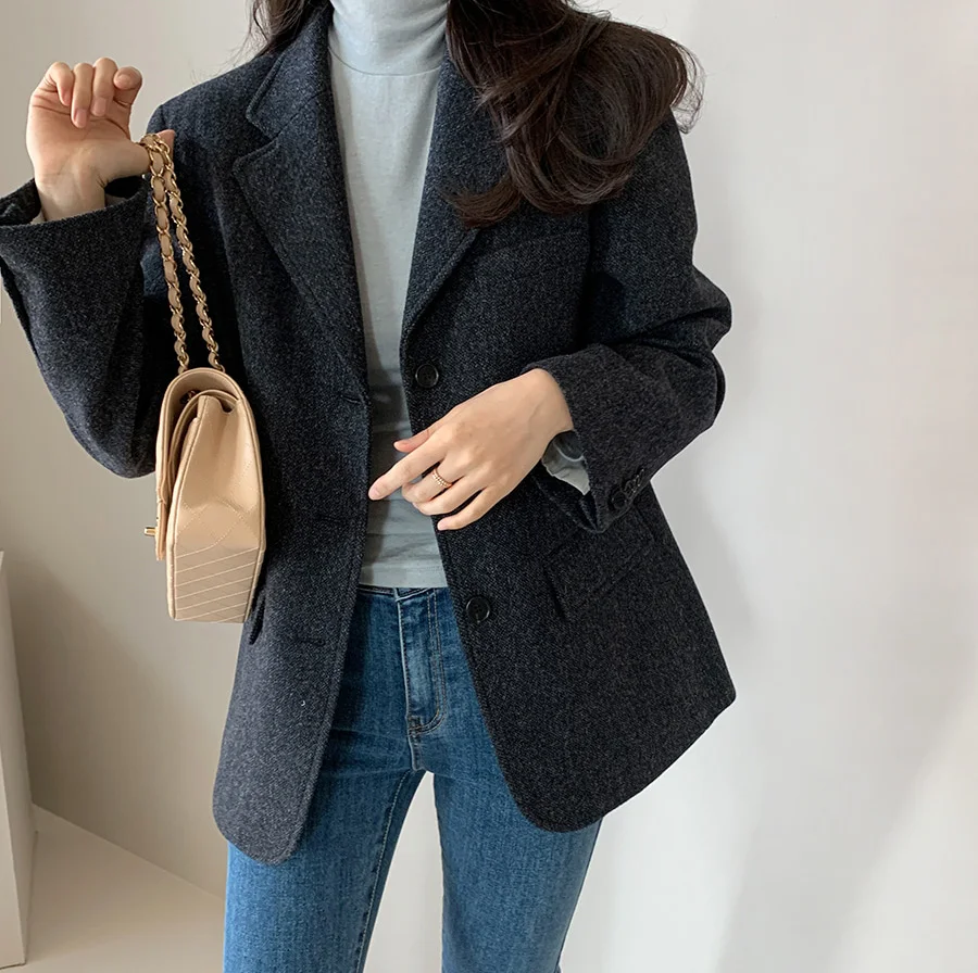 2023 Winter Fashion New Women Casaul Blazer Woolen Solid Color Deisgn Long Sleeves Hot Sell Lady Jacket