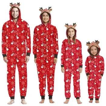 Christmas Gift for Family Pajamas Cute Deer Ear Hooded Jumpsuit Mother Father Kids Baby Matching Outfit Rompers Xmas Family Look