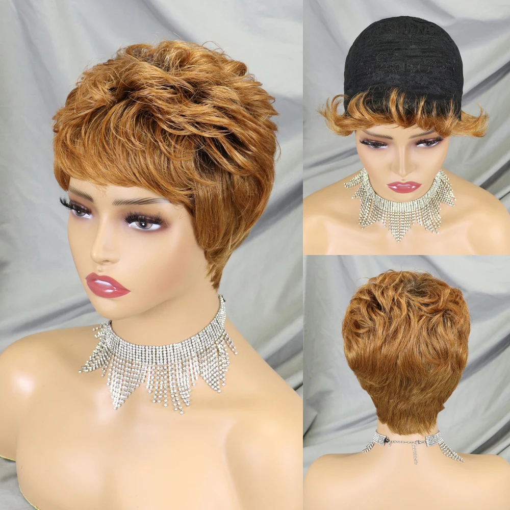 

Short Pixie Full Wigs Pixie Cut Wig Straight Brazilian Remy Hair Brown Color Human Hair Wig Machine Made Wigs For Women