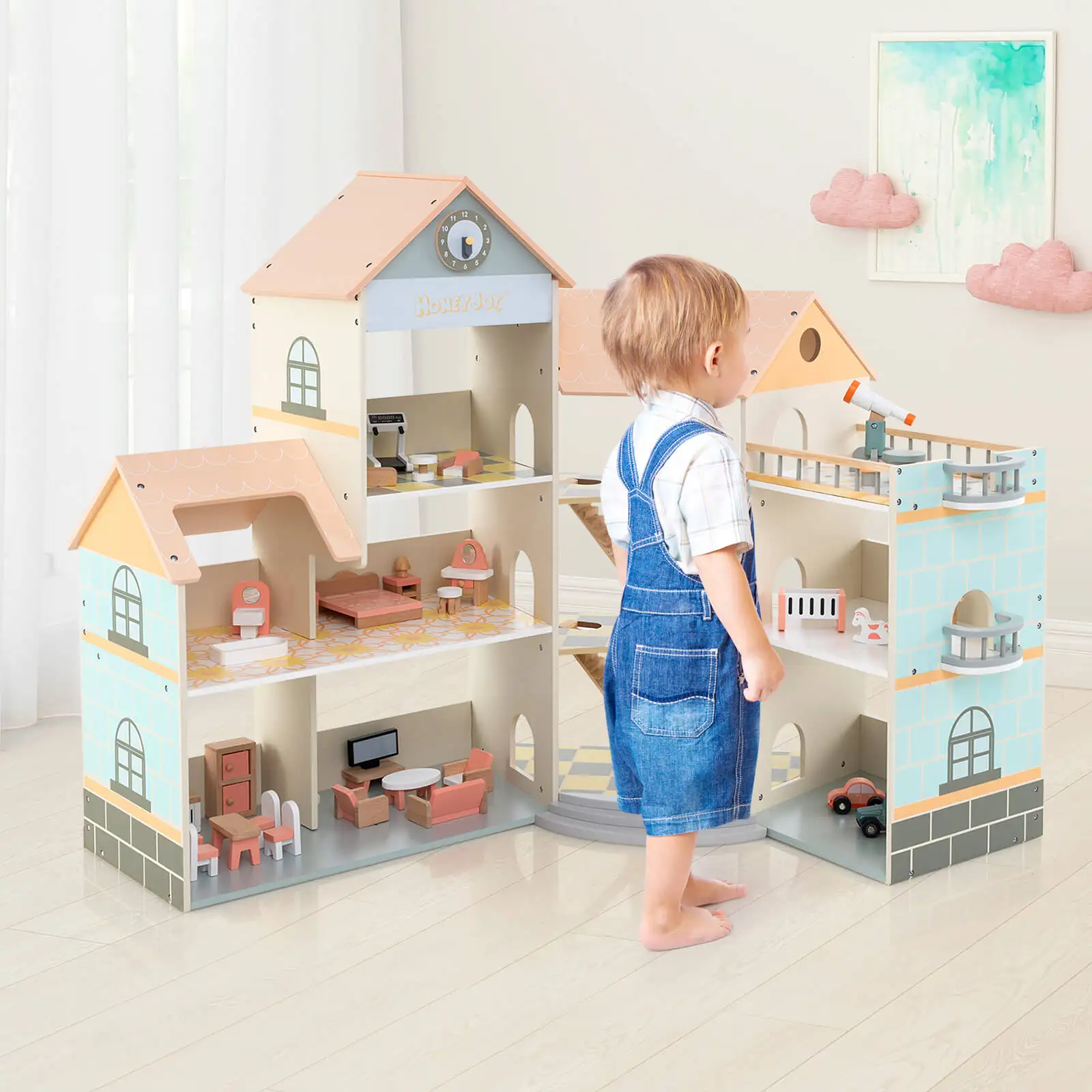 Wooden Corner Dollhouse Playset with 41 Pieces of Furniture and Accessories 3