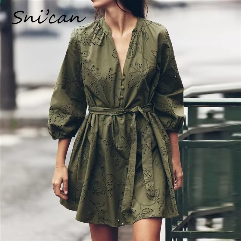 

Hollow Out Lace Women Dress Spring Fashion V Neck Lantern Long Sleeve Short Robe With Belt Causal Office Ladies Shirt Dress New