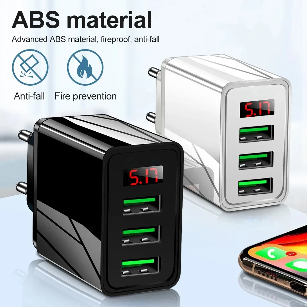 3 Ports USB Charger Quick Fast Charging Wall Adapter with LED Digital Display For Samsung S23 Xiaomi 14 Pro Huawei Mate 60 Redmi