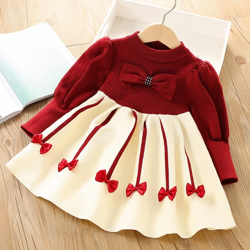 

Autumn and Winter Children's Wear Girls' Knitted Long Sleeve Dress Baby Bowknot Bubble Sleeve Woolen Dress Warm Clothing