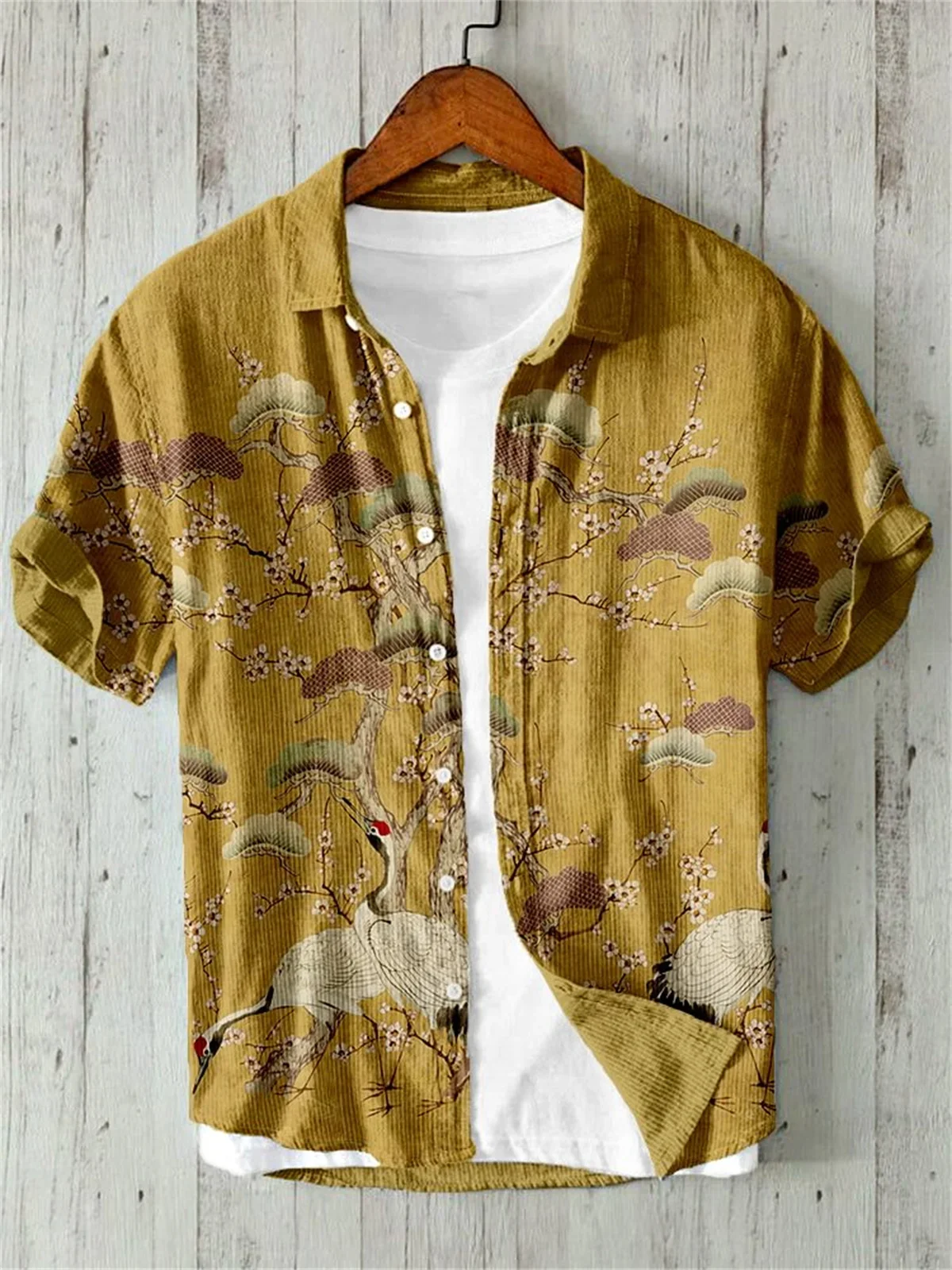 Linen Shirt for Men, 3D Print, Retro Japanese Art, Short Sleeve, Flip Collar, Casual Hawaii, Loose Beach Top, Pond, Fish, New,