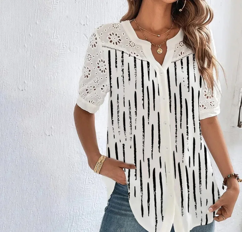 

Elegant Lace Patchwork Long Shirt Blouse Women Summer Button Short Sleeve Shirts for Women 2023 Casual V-neck Print Blouses