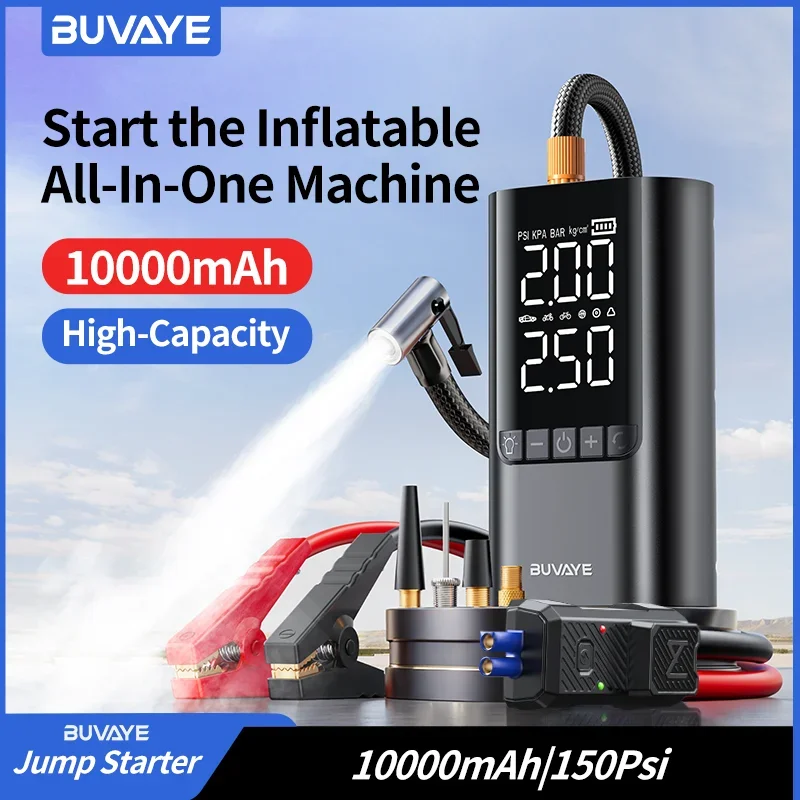 BUVAYE 10000mAh Jump Starter 12V Avviamento batteria per auto con compressore d'aria 150PSI Gonfiatore per pneumatici Scatola di salto portatile per pneumatici per veicoli