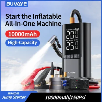 BUVAYE 10000mAh Jump Starter 12V Avviamento batteria per auto con compressore d'aria 150PSI Gonfiatore per pneumatici Scatola di salto portatile per pneumatici per veicoli